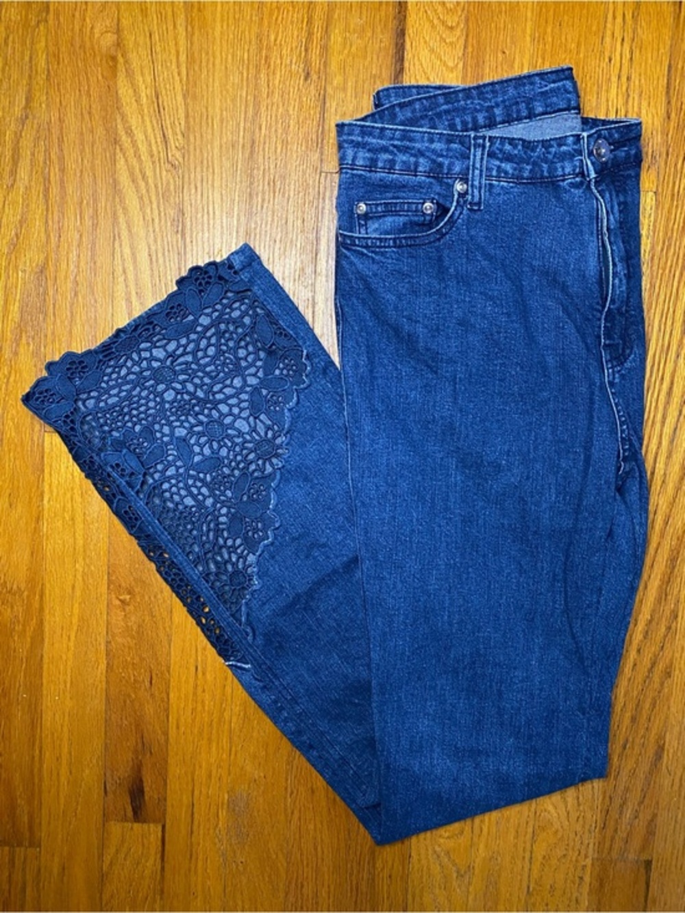 Denim 24/7 Navy Blue Flare Jeans with Lace Hem